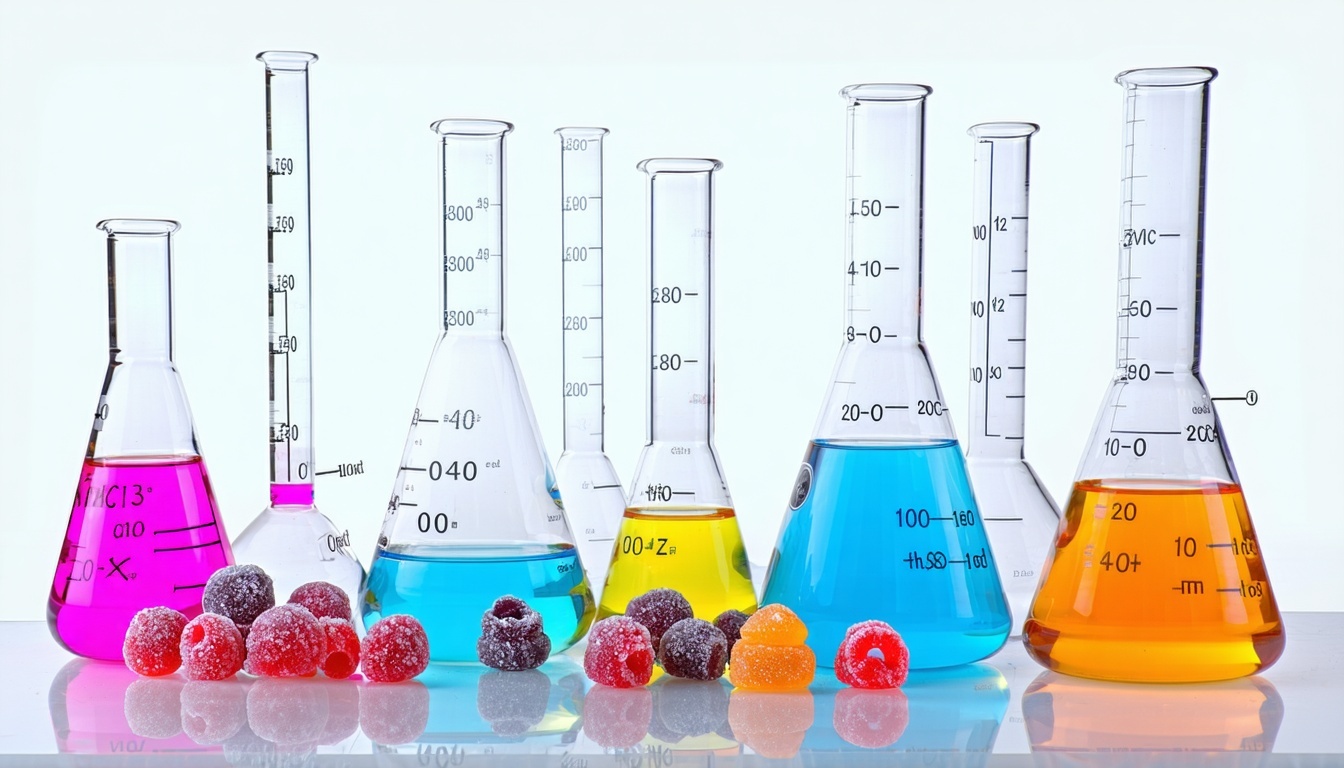 Mérieux NutriSciences performing FD&C Red No. 3 Testing on colorful candy samples using validated methods for regulatory compliance and reformulation.