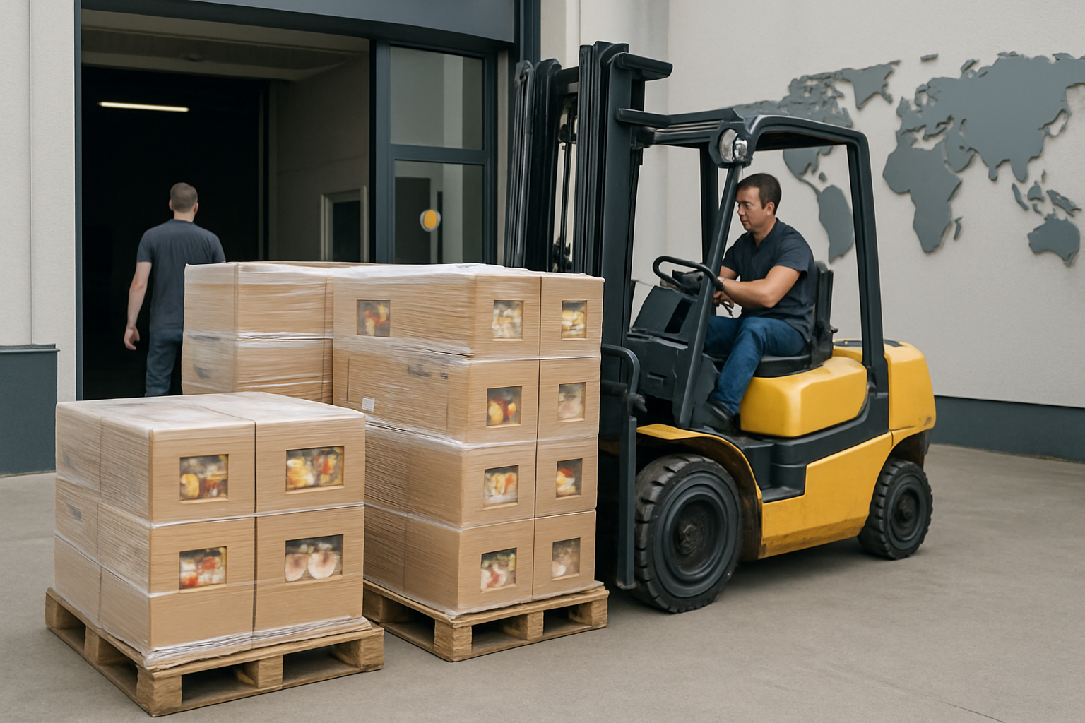 photographic Food being transferred in closed boxes on apllets fork lifs global entry and supply assurance no text or face masks in picture