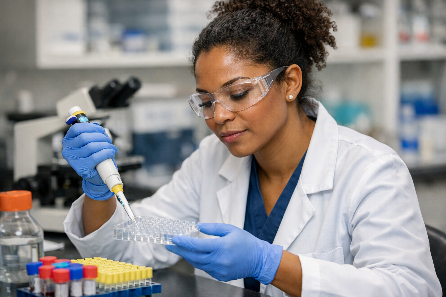 photographic a woman of color scientist in a lab setting performing a lab test