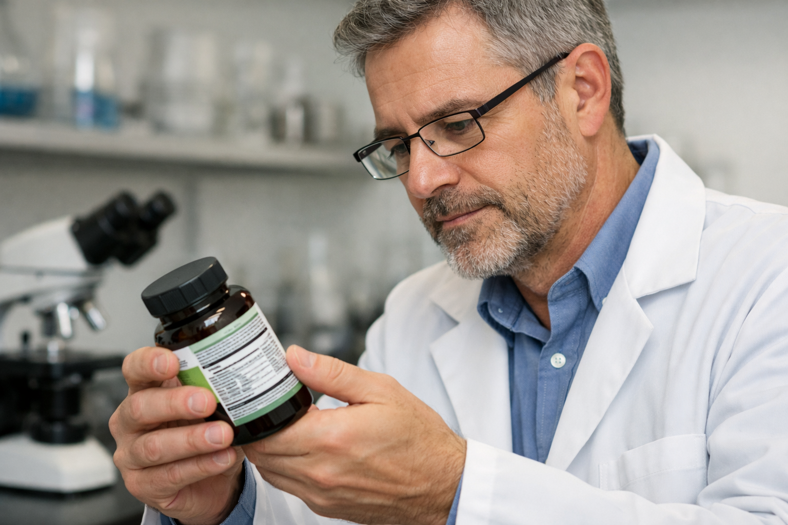 photographic medium shot of a scientist holding a supplement bottle examining the label Less than 1MB in size