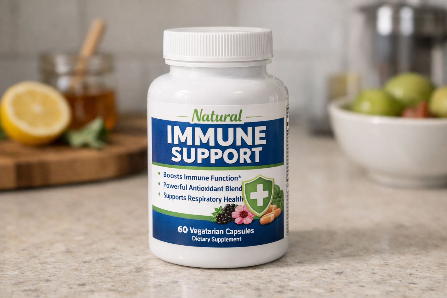 photographic medium shot of a supplement bottle on a kitchen counter with the label showing-2