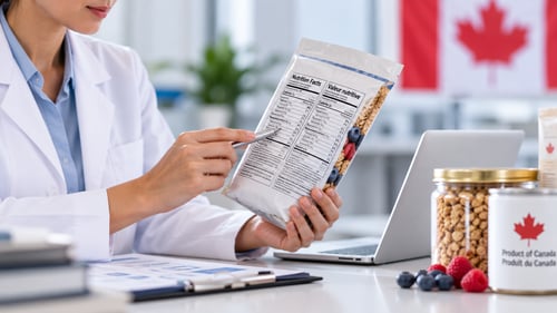 Canadian food labeling specialist reviewing bilingual nutrition facts and compliance requirements for Mérieux NutriSciences.