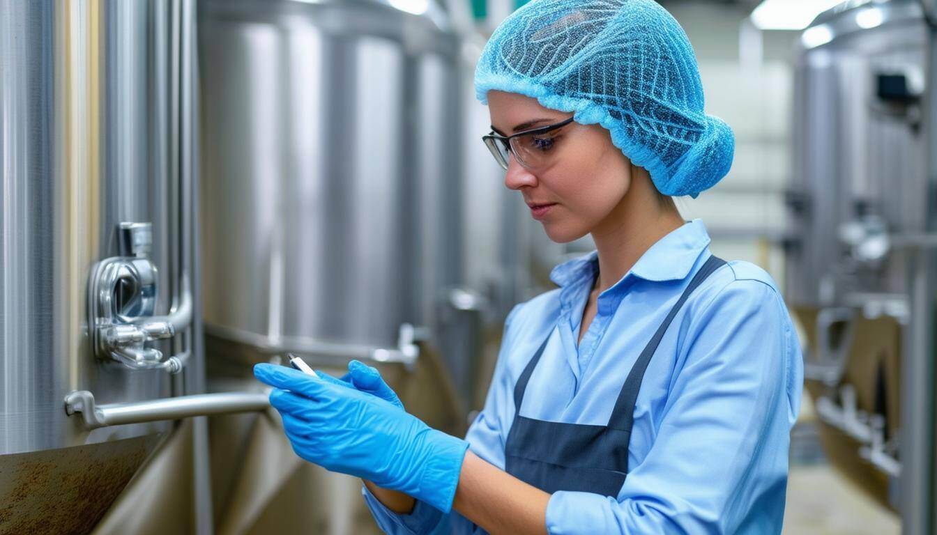 Professional auditor wearing gloves and hair net blue, reviewing dairy manufacturer for global entry