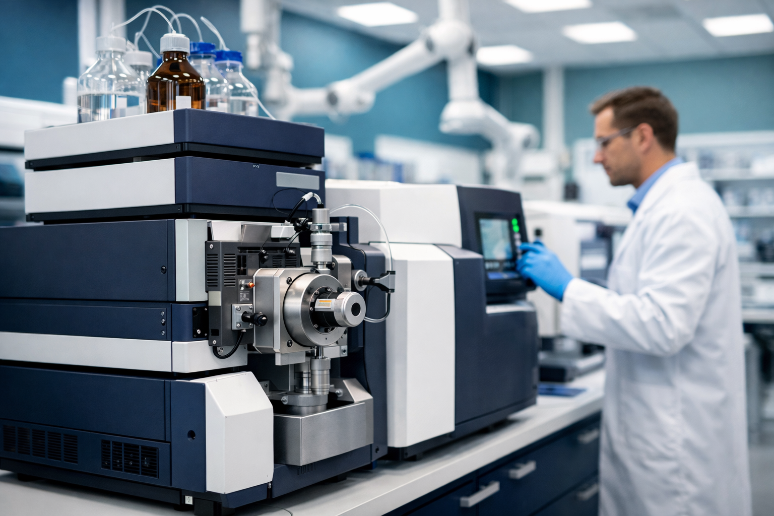 Advanced LC-MS/MS instrumentation used for multi-residue pesticide analysis at a Mérieux NutriSciences food safety laboratory.