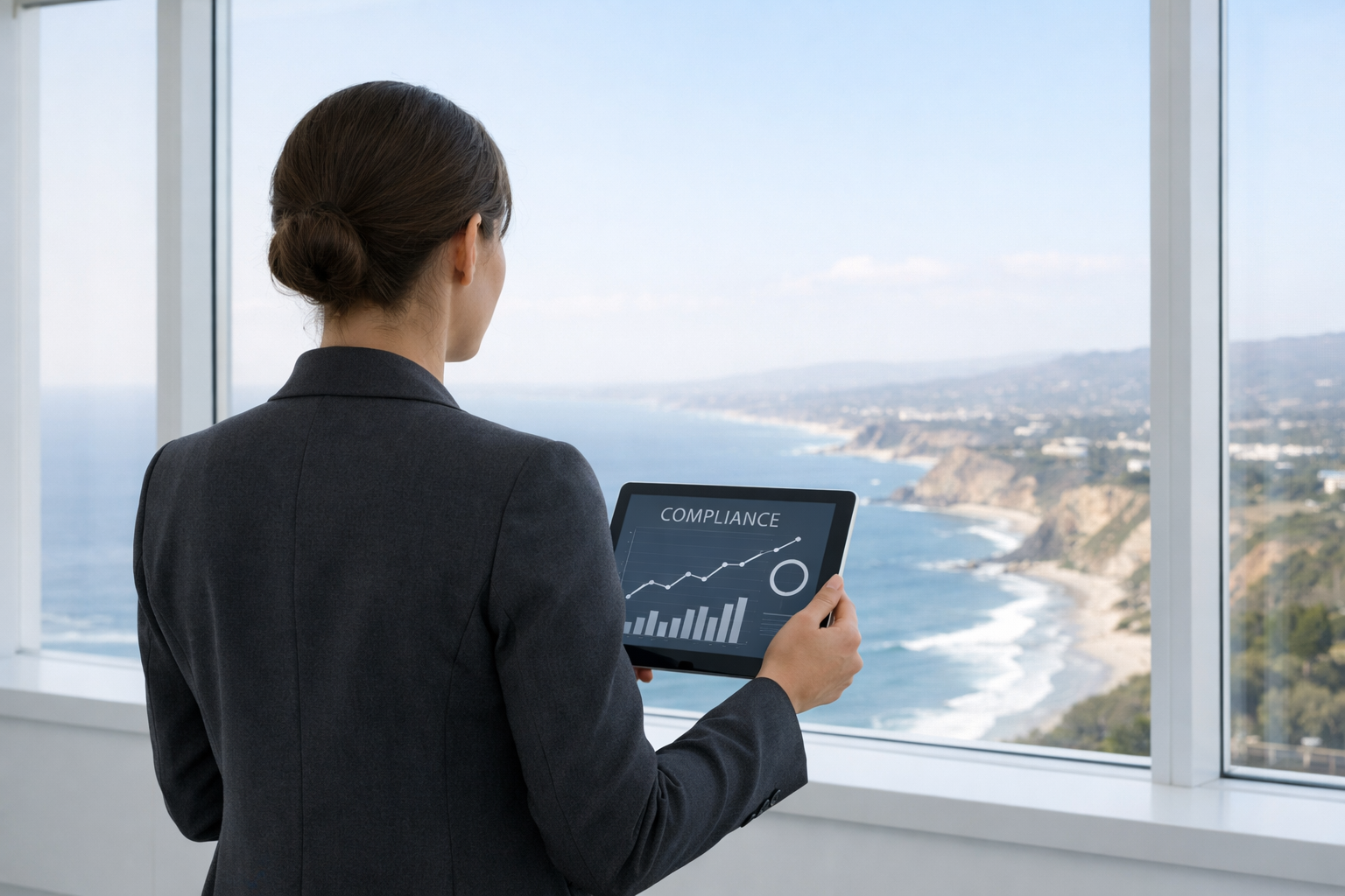 A minimalist photograph of a corporate sustainability professional from behind, wearing a sharp blazer, looking out a massive, clean modern office window at the California coastline. They are holding a translucent glass tablet displaying a simple, futuristic data chart with the word 