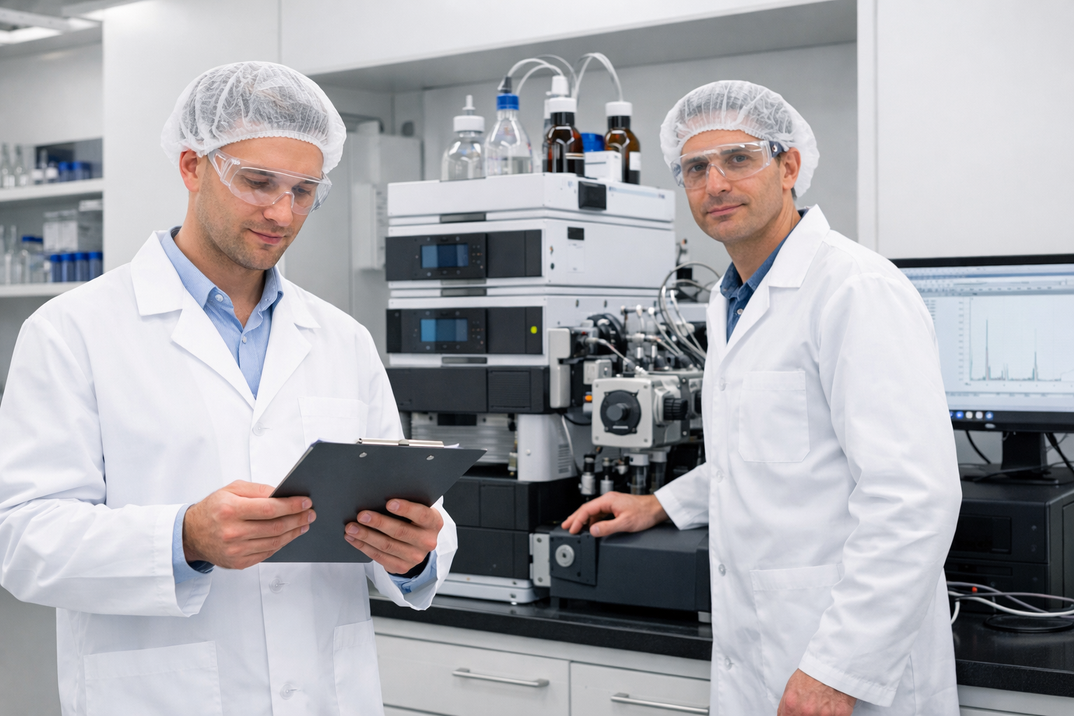 Mérieux NutriSciences food scientist analyzing chemical compounds using advanced testing equipment.