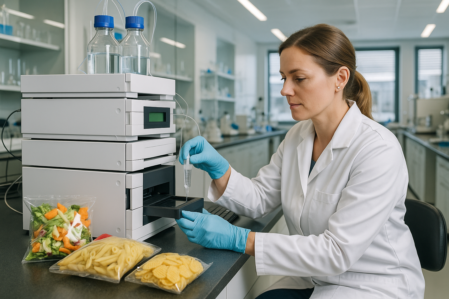 Advanced nutritional testing lab analyzing food samples for nutrient profiling, contaminant detection, and regulatory compliance