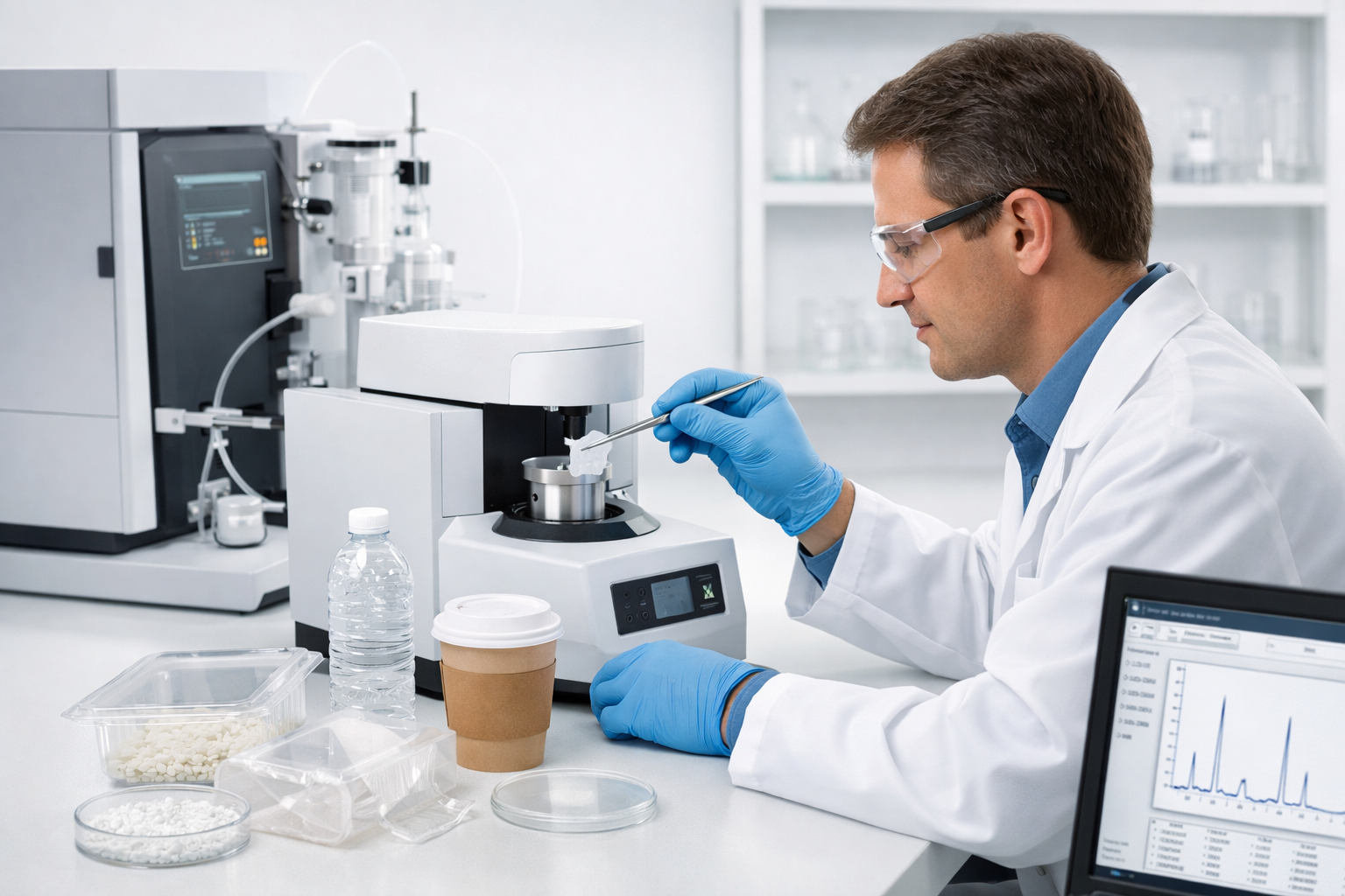 Mérieux NutriSciences scientist performing analytical chemistry material testing on food contact packaging to verify regulatory compliance.