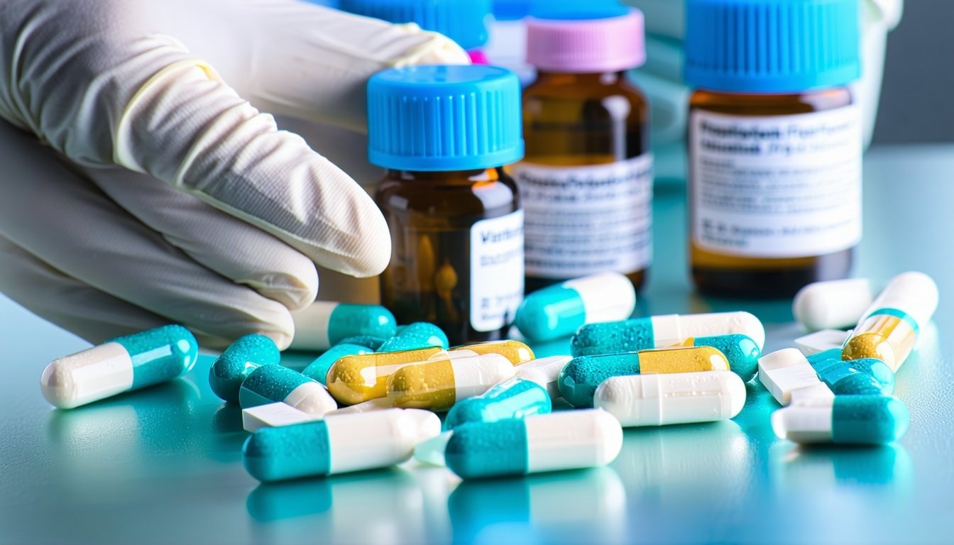 Chemist performing laboratory analysis on probiotic supplement capsules for microbial and chemistry testing