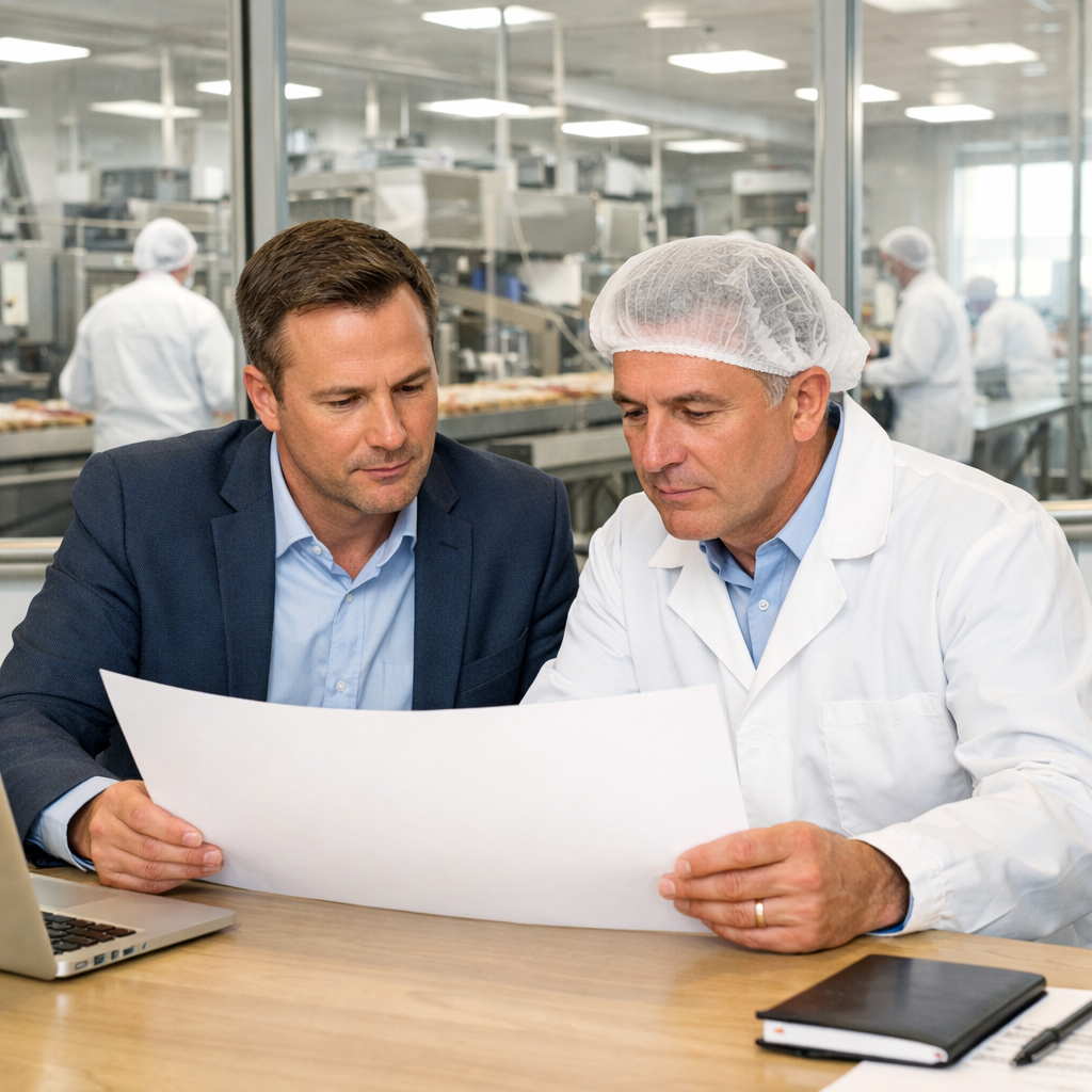 photographic A photorealistic bright office setting Two focused professionalsone consultant in smart business casual one client in a clean factory uni-4