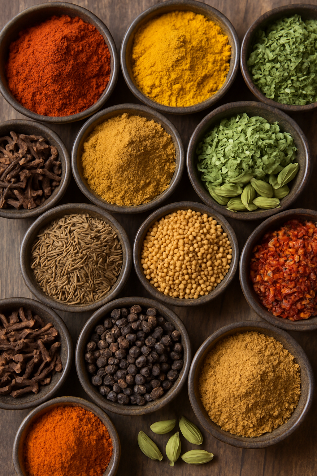 Raw organic spice samples displayed for quality analysis and scientific testing.