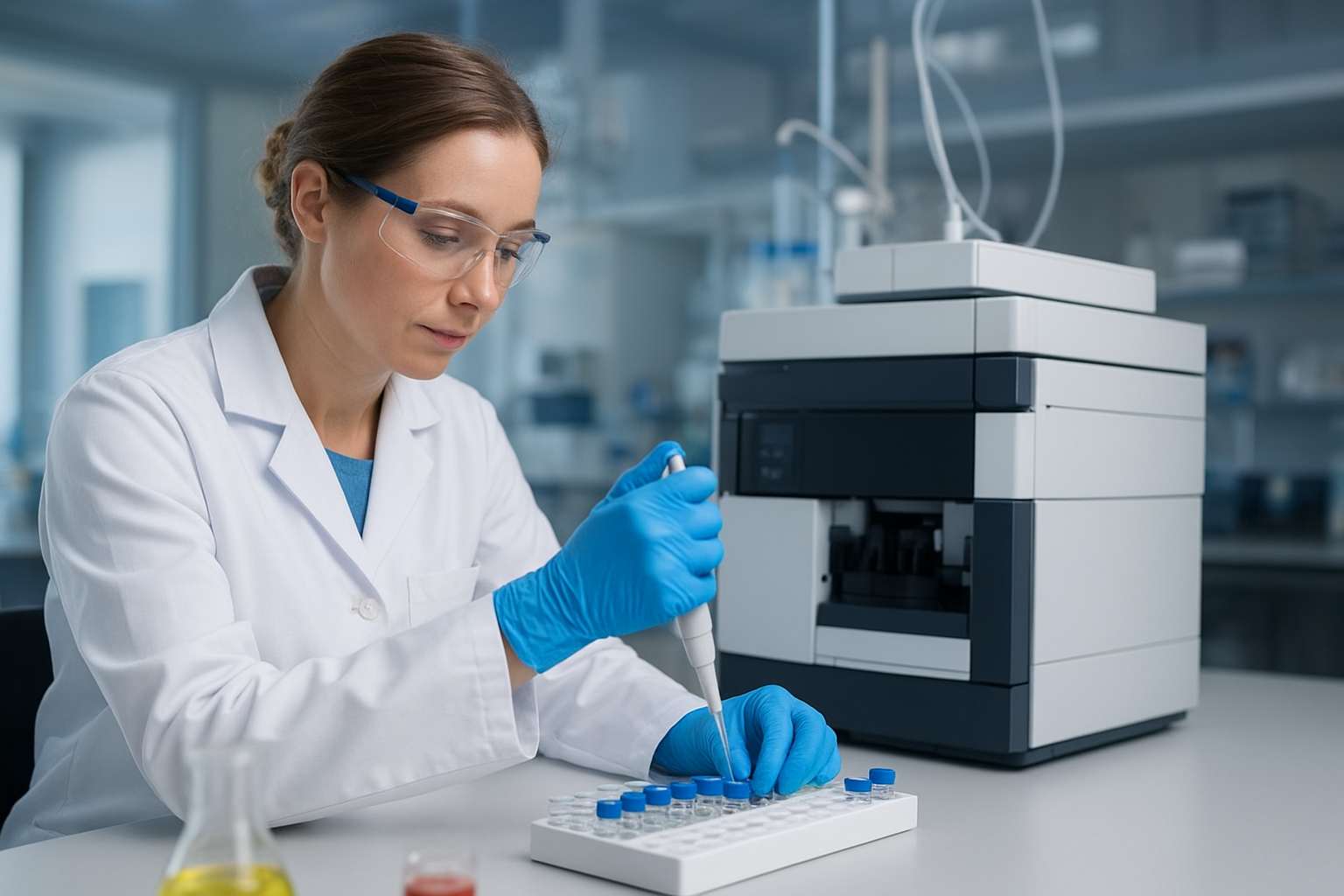 Laboratory scientist conducting food chemistry testing using chromatography instrumentation, reflecting Chemistry Food Science capabilities at Mérieux NutriSciences.