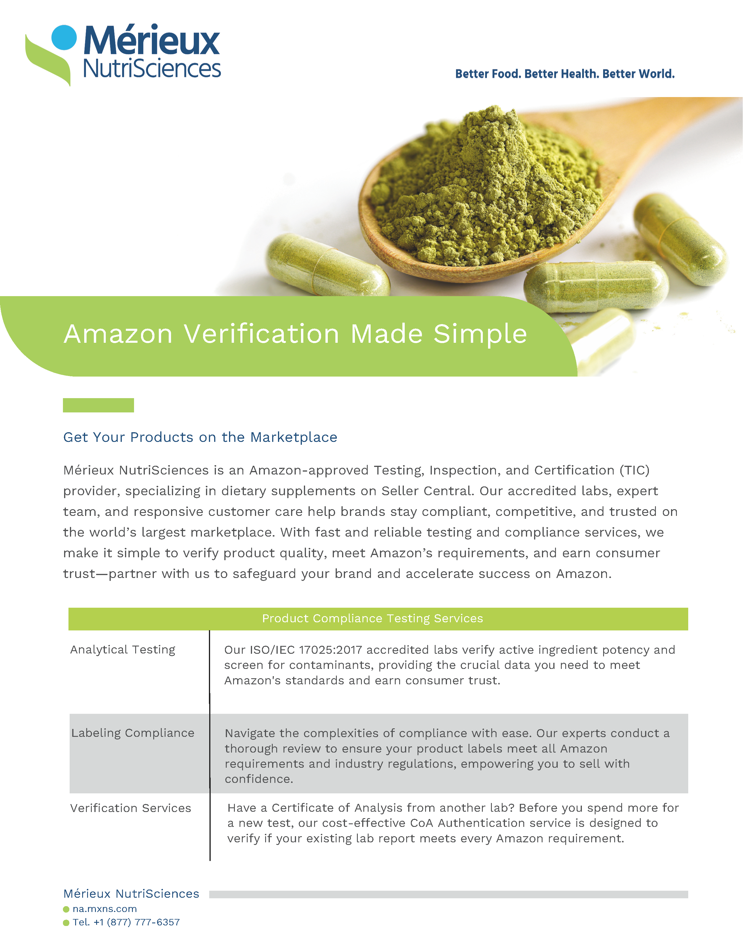 Mérieux NutriSciences Amazon Product Verification flyer featuring information about product authenticity checks, QR code scanning, and trust badges for consumer safety.