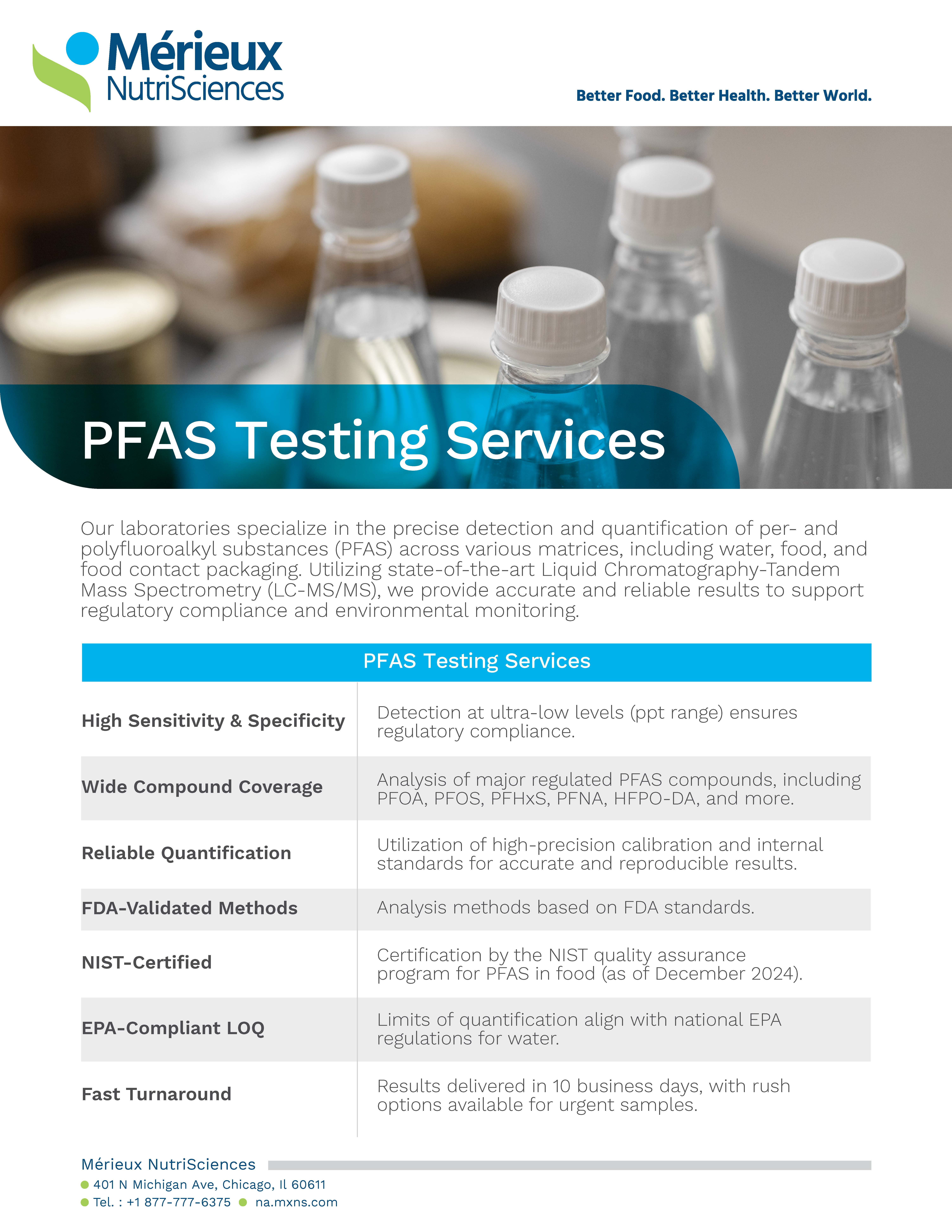 Mérieux NutriSciences flyer highlighting PFAS testing services, regulatory compliance support, and consultation for food, water, and consumer products